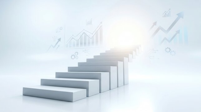 Empty white staircase podium with glowing light background and floating upward arrow graph chart for business growth and financial success concept.
