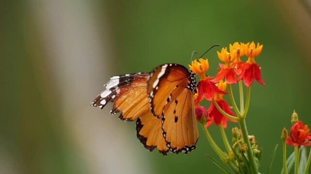 orange butterfly with intricate wing patterns feeds on bright red flowers rose, creating striking contrast against soft green background. perfect macro shot showcasing beauty nature. forest landscape