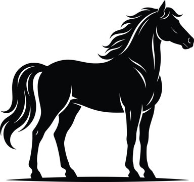 Majestic horse standing black silhouette, elegant stallion equestrian ranch animal vector illustration