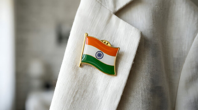A close-up shot of an Indian flag lapel pin on a dark blue blazer