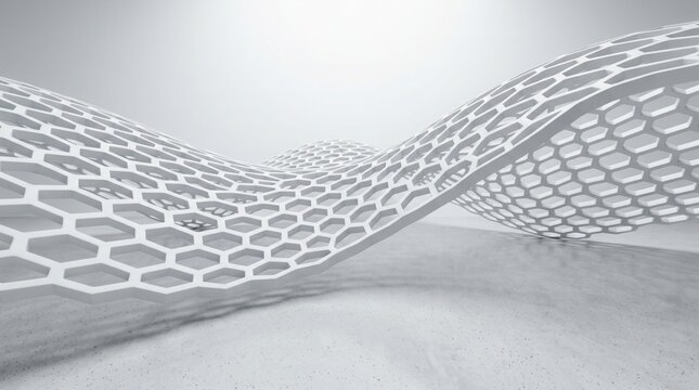 Dynamic wavy three dimensional structural pattern featuring a complex white hexagonal mesh structure above a light concrete surface