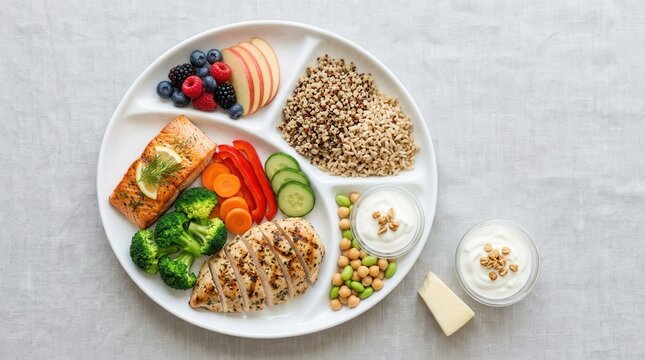 Balanced plate with portioned foods on a neutral background