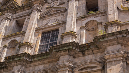 Granite Church Facade with Carved Shell Niches, Pilasters and Self-Seeded Plants in Raking Light, Porto, Portugal — Concept: Baroque Stonemasonry, Heritage Conservation and Vegetation Damage © Svetlana