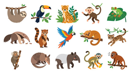 Fototapeta premium Cute Flat Cartoon Vector Illustration of Tropical Rainforest Animals Set for Wildlife Nature Education