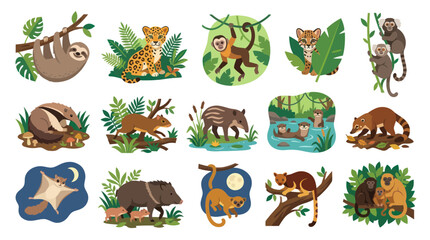 Fototapeta premium Flat Vector Cartoon Set of Cute Amazon Rainforest Animals. Wildlife and Nature Education Collection.