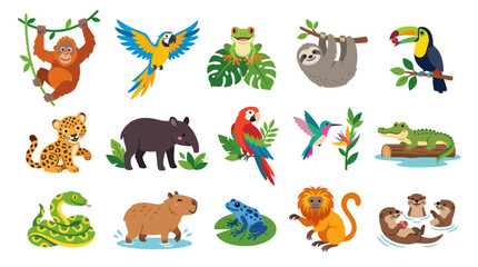 Fototapeta premium Cute Cartoon Animals of Tropical Rainforests and Jungles, Flat Vector Art