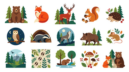 Obraz premium Flat Design Forest Animals Vector Illustration, Nature Wildlife Icons