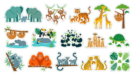 Obraz premium Cute Jungle Animals Stickers - Cartoon Style Vector Illustration