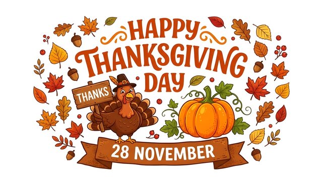 Happy thanksgiving day banner with a cute turkey holding a sign, pumpkin, and autumn leaves, dated 28 november