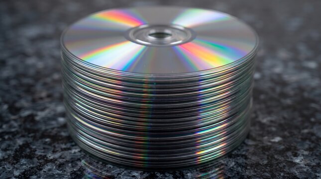 Stack of glossy silver CDs with vivid rainbow light reflections resting on a dark granite surface