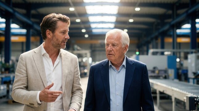 Eldest son of a family business dynasty walks the factory floor with his aging father pointing out operational details