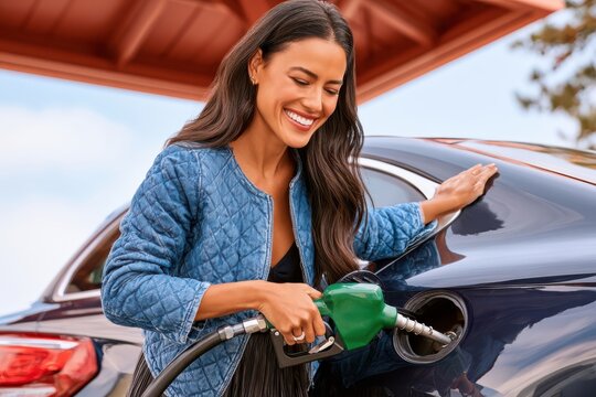 Smiling woman refueling her car at a gas station while wearing a blue quilted jacket