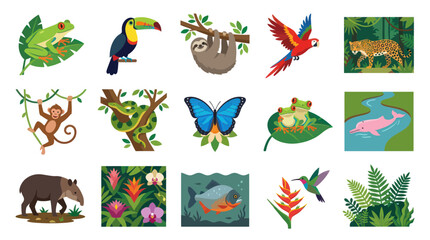 Obraz premium Flat Vector Art of Amazon Rainforest Animals and Plants on White Background