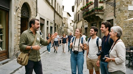 Fototapeta premium A professional tour guide leads a group of tourists through Italian streets