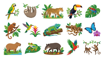 Fototapeta premium Vibrant Tropical Animals and Nature Elements Flat Vector Illustration