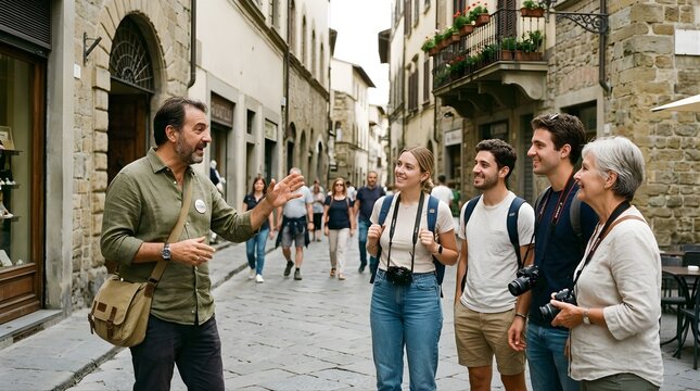 A professional tour guide leads a group of tourists through Italian streets