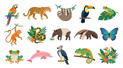 Fototapeta premium Tropical Wildlife Animals Collection: Flat Vector Art Illustration