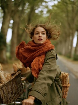 Young woman riding a bicycle on a road in a forest. she is wearing a green jacket and an orange scarf around her neck.