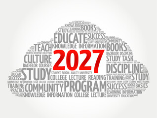 Obraz premium 2027 year word cloud with educate, study, knowledge, books, teach, culture, discipline, college, lecture, reading, program, training and success, education concept collage for schools, university