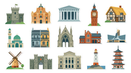 Obraz premium Flat Vector World Architecture Buildings Set. Diverse Collection of Famous Landmarks, Historic Structures, and Houses.