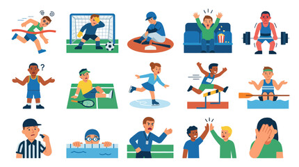 Fototapeta premium Sports and Athletes Flat Design Vector Illustration Set - Various Game Situations, Emotions, and Equipment