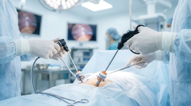 Surgical team performing laparoscopic procedure in operating room