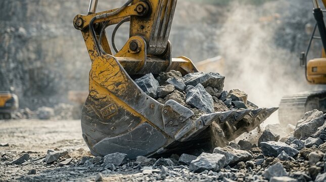 Heavy machinery breaks ground uncovering large stones at a bustling construction site outdoors.