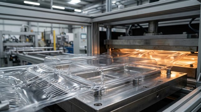 Closeup medium view of plastic sheets transformed into clamshell packaging through thermoforming highlighting material flexibility and machine operation details.