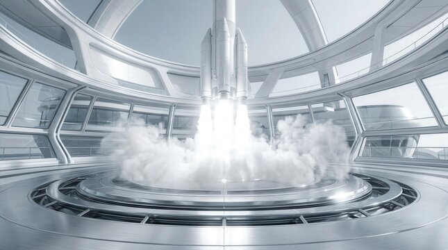 Heavy white spacecraft rocket lifting off from a futuristic circular metal launchpad inside a massive modern scientific spaceport facility creating thick smoke.