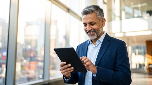 Smiling mature Indian businessman using digital tablet for online banking and fintech stock market trading standing near window in corporate office building with modern high-rise city view.
