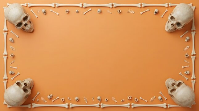 A festive Halloween frame composed of human skulls and scattered bones on a vibrant orange background