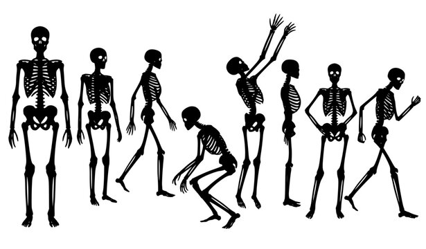 Skeleton Silhouette Set, Halloween Dancing and Walking Poses Vector Illustration