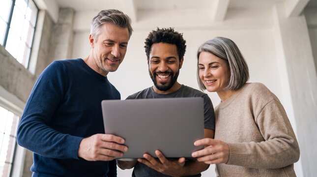 Diverse team of business professionals standing together in office looking at laptop screen, analyzing fintech software platform, digital payment solutions and corporate investment strategy.