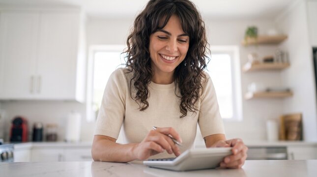 Happy young brunette woman with curly hair using calculator for home budgeting, monthly bill calculation and personal expense tracking at a modern kitchen counter for long term savings.