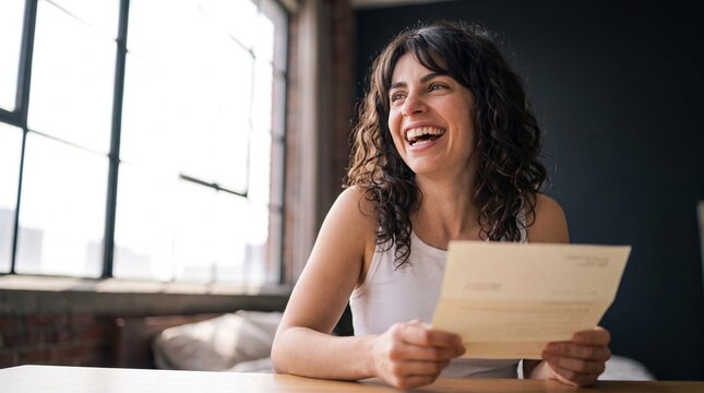 Joyful curly hair woman celebrating positive savings approval letter, holding paper document with big smile at desk, benefiting from tax refund, loan approval, and personal wealth success.