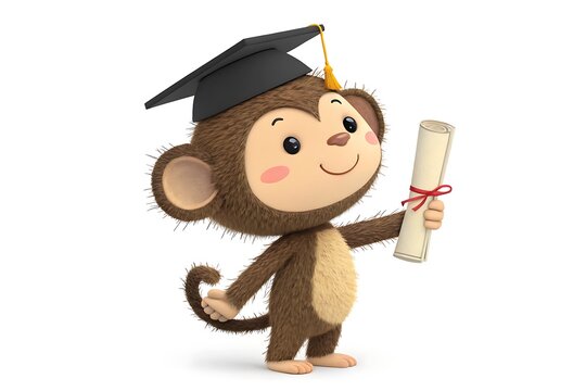 Cartoon monkey graduate holding diploma with cap