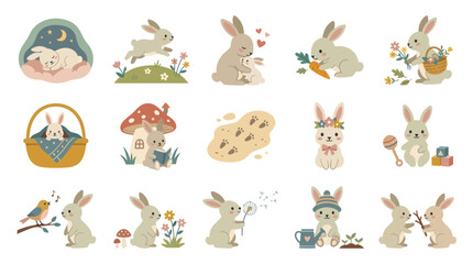 Obraz premium Cute Cartoon Bunnies Flat Vector Illustration Set for Children's Easter and Spring Designs