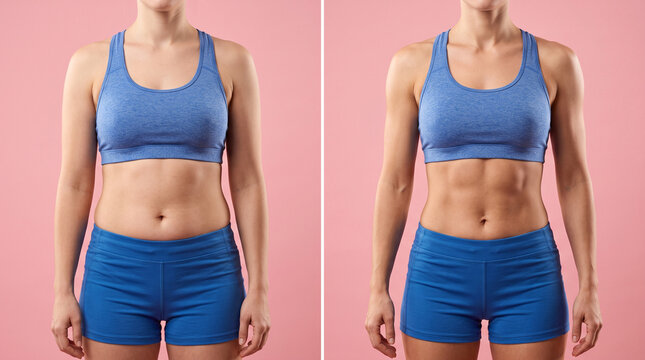 Female fitness transformation before and after weight loss comparison on pink background