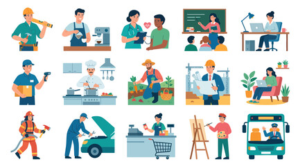 Fototapeta premium Flat Style Vector Illustration: Diverse Professions with People in Various Industries
