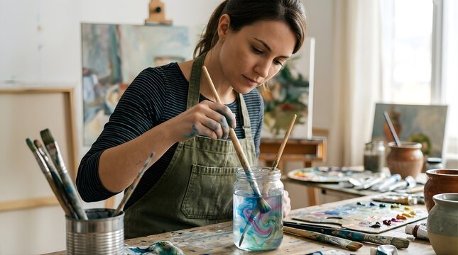 Focused female artist cleaning paint brushes in a jar at art studio