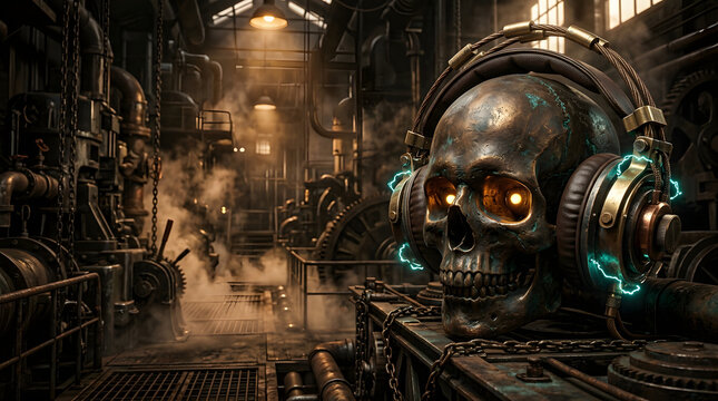 Dark futuristic cyber-audio artwork with a skull-inspired sound concept, dramatic neon lighting, industrial atmosphere and cinematic 3D detail. AI Generated.