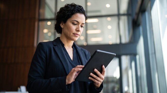 Professional Hispanic businesswoman using digital tablet computer for fintech banking application, corporate financial planning, online investment monitoring in modern glass office building.