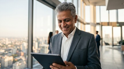 Fototapeta premium Mature Indian businessman monitoring cryptocurrency market portfolio and digital trading analytics on tablet computer standing high above city skyline in modern skyscraper corporate office.
