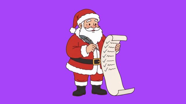 A cheerful 2D cartoon Santa Claus with a long white beard writing on a scroll list with a feather pen, isolated on a vibrant purple background. Great for holiday commercial graphics, festive video ove