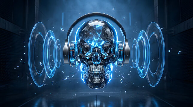 Dark futuristic cyber-audio artwork with a skull-inspired sound concept, dramatic neon lighting, industrial atmosphere and cinematic 3D detail. AI Generated.