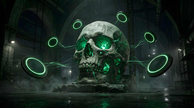Dark futuristic cyber-audio artwork with a skull-inspired sound concept, dramatic neon lighting, industrial atmosphere and cinematic 3D detail. AI Generated.