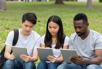 Obraz premium Collaborative learning and digital education, diverse students using tablets for research and online study in a park campus environment