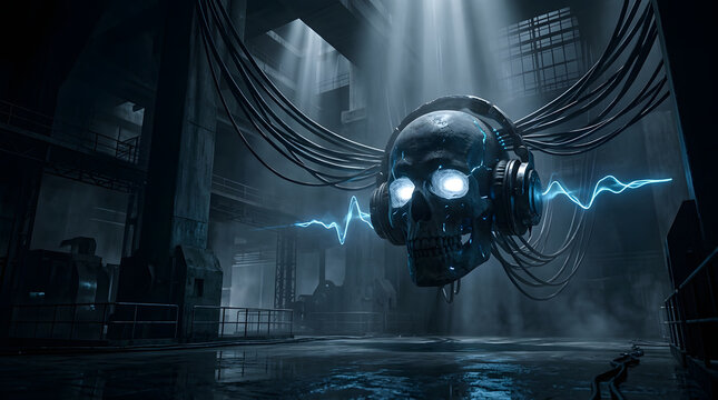 Dark futuristic cyber-audio artwork with a skull-inspired sound concept, dramatic neon lighting, industrial atmosphere and cinematic 3D detail. AI Generated.