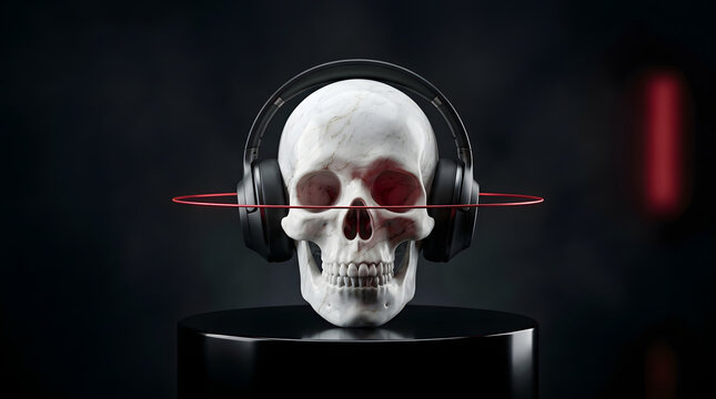 Dark futuristic cyber-audio artwork with a skull-inspired sound concept, dramatic neon lighting, industrial atmosphere and cinematic 3D detail. AI Generated.