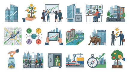 Fototapeta premium Finance and Investment Icons: Growth, Trading, and Savings - Flat Design